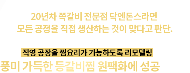 OEM공장에 소스와 고기를 공급하여 위탁생산 하려 했으나, 20년 쪽갈비 전문점 닥엔돈스라면 모든 공정을 직접 생산하는 것이 맞다고 판단. 직영 공장을 찜요리가 가능하도록 리모델링 하여
풍미 가득한 등갈비찜 원팩화에 성공했습니다!