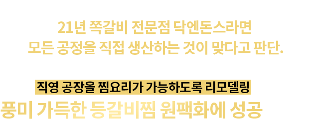 OEM공장에 소스와 고기를 공급하여 위탁생산 하려 했으나, 21년 쪽갈비 전문점 닥엔돈스라면 모든 공정을 직접 생산하는 것이 맞다고 판단. 직영 공장을 찜요리가 가능하도록 리모델링 하여
풍미 가득한 등갈비찜 원팩화에 성공했습니다!